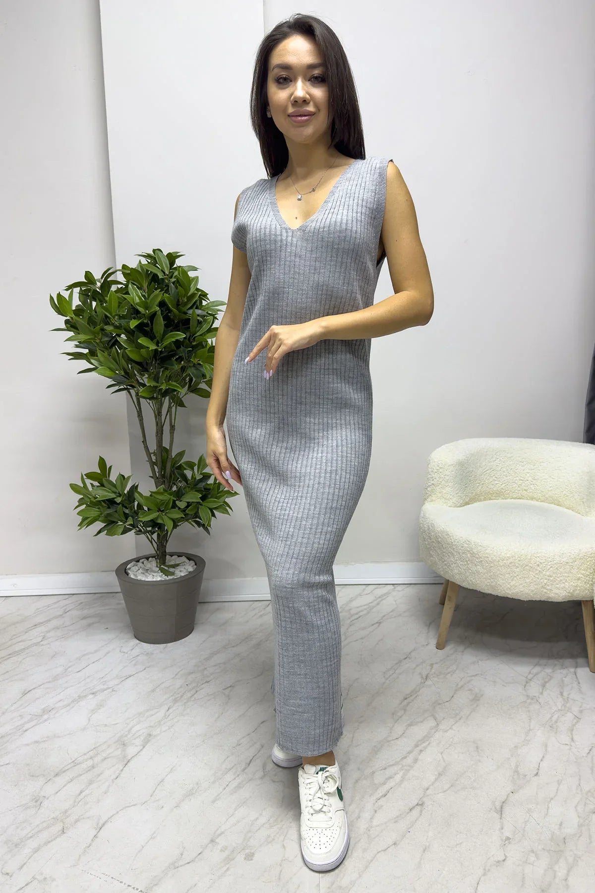 Gri Beyaz Şeritli Elbise Kazak İkili Takım