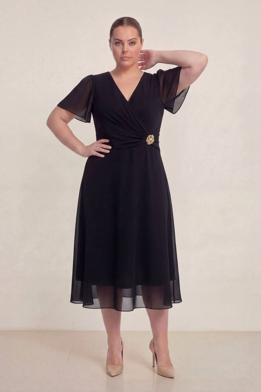 Siyah Büyük Beden Şifon Midi Elbise