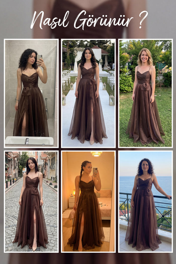 Kadın Kahverengi Askılı Yırtmaçlı Abiye Elbise 