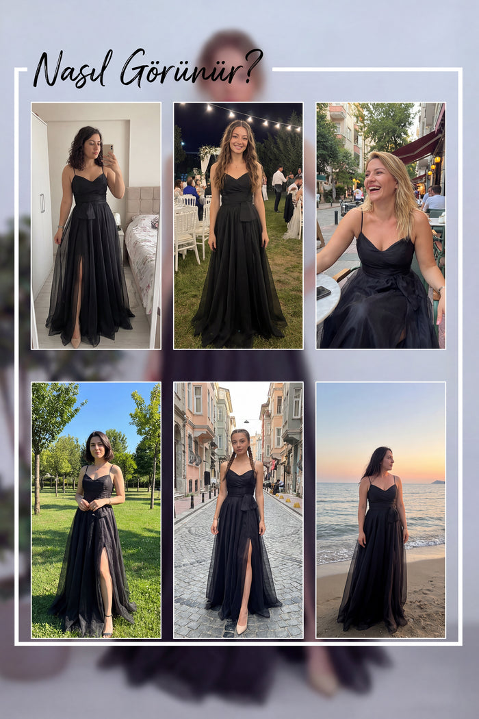 Kadın Siyah Askılı Yırtmaçlı Abiye Elbise