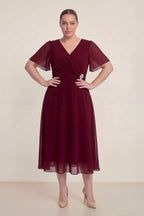 Büyük Beden Bordo Şifon Midi Abiye – Kruvaze Broş Detaylı