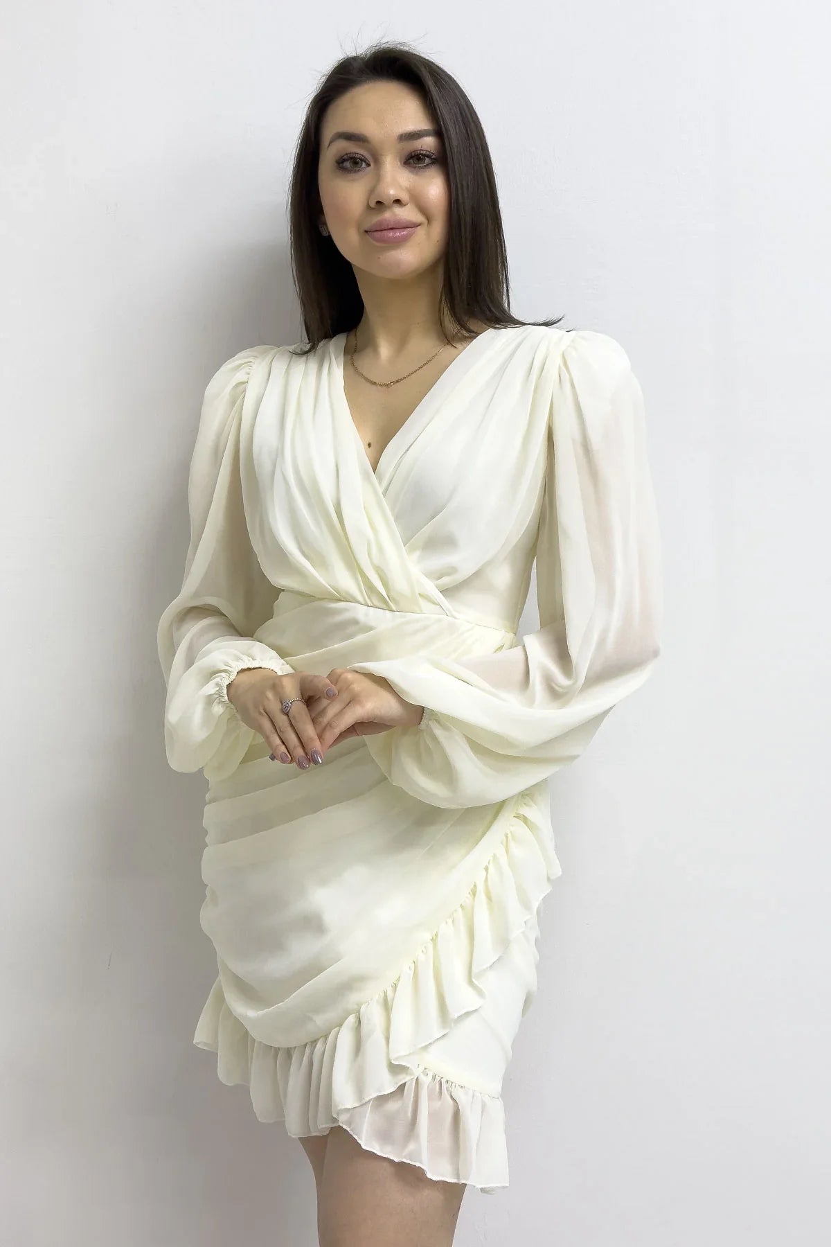 Kadın Bej Mini Drapeli Şifon Elbise