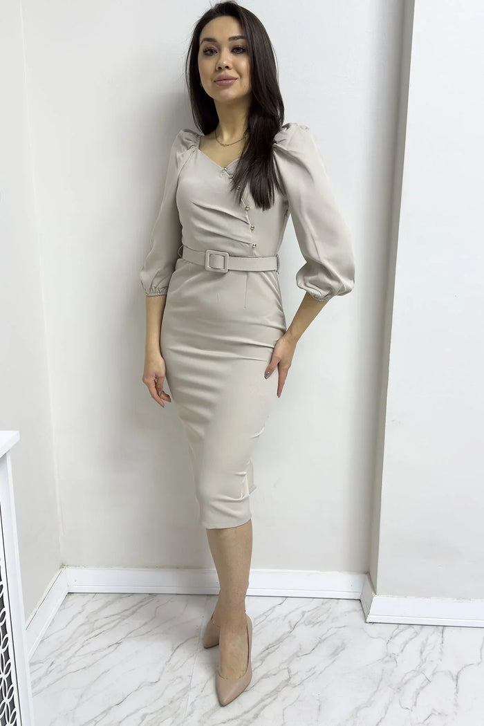 Bej Kemerli Düğme Detay Balon Kol Kalem Elbise

