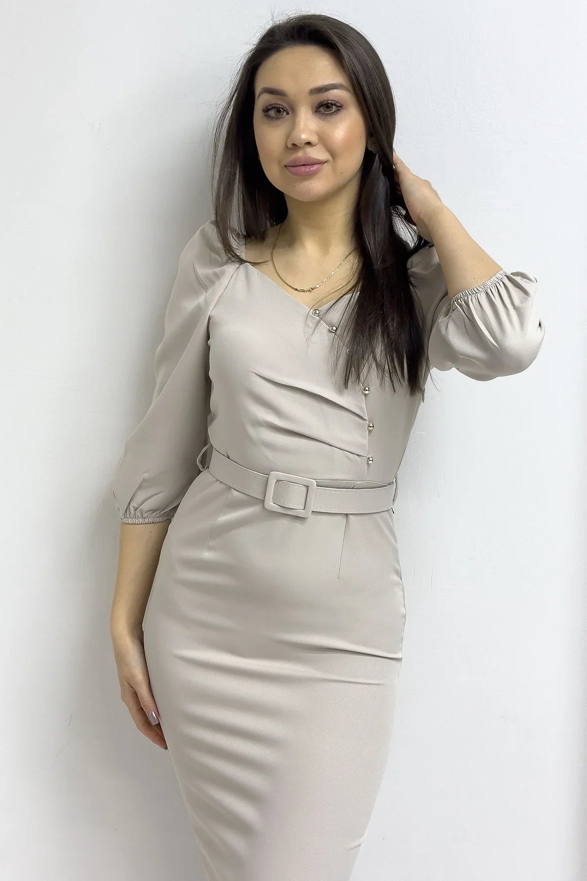 Bej Kemerli Düğme Detay Balon Kol Kalem Elbise

