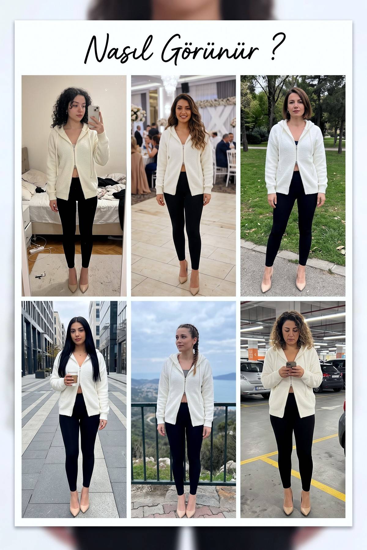 Farklı modeller ekru renk The ZKS fermuarlı kapüşonlu hırkayı çeşitli ortamlarda sergiliyor