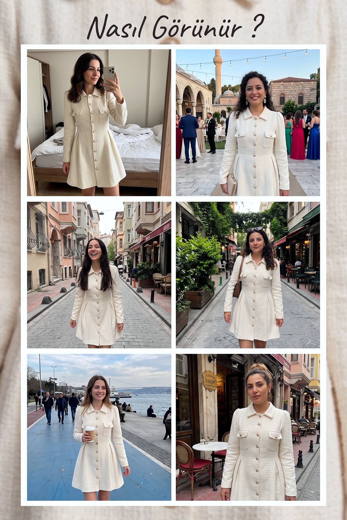 The ZKS ekru gömlek yaka elbise, farklı mekanlarda kombinlenmiş stil önerileri