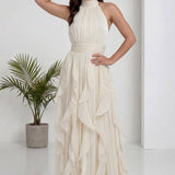 Ekru Halter Yaka Fırfırlı Uzun Abiye Elbise