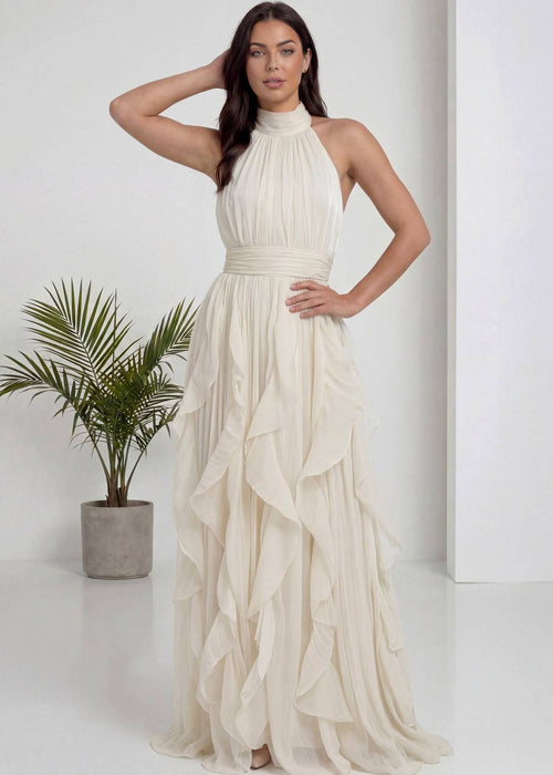 Ekru Halter Yaka Fırfırlı Uzun Abiye Elbise