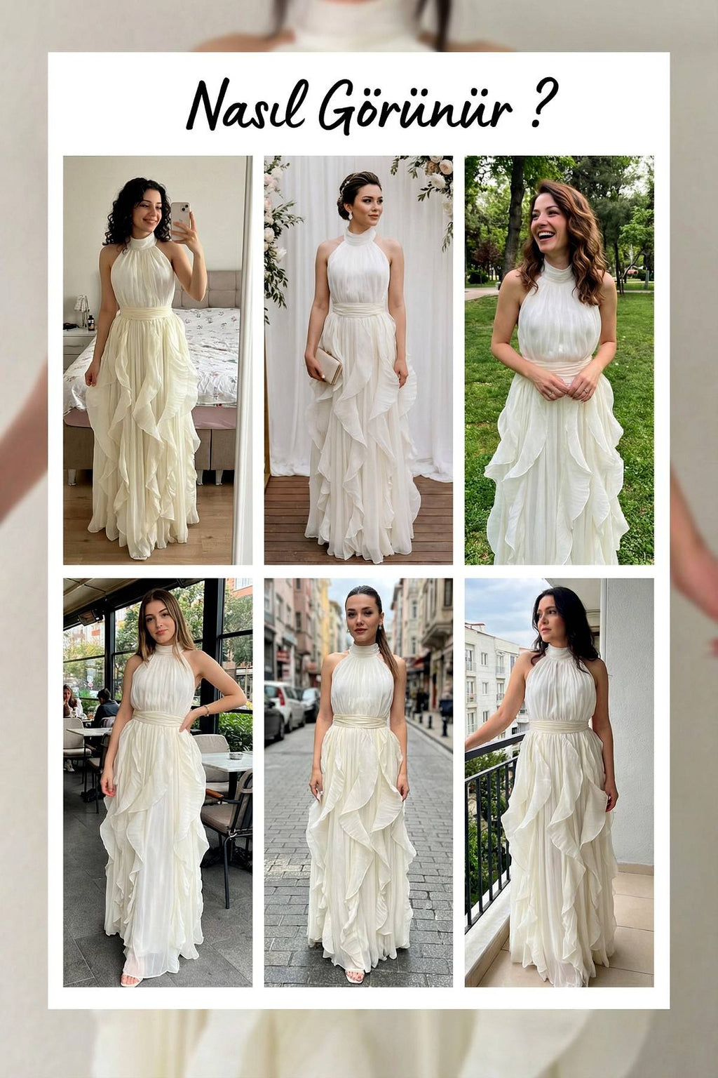 Ekru halter yaka fırfırlı uzun abiye elbise farklı mekanlarda kullanımını gösteren kolaj, tam boy görünüm