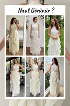 Ekru halter yaka fırfırlı uzun abiye elbise farklı mekanlarda kullanımını gösteren kolaj, tam boy görünüm