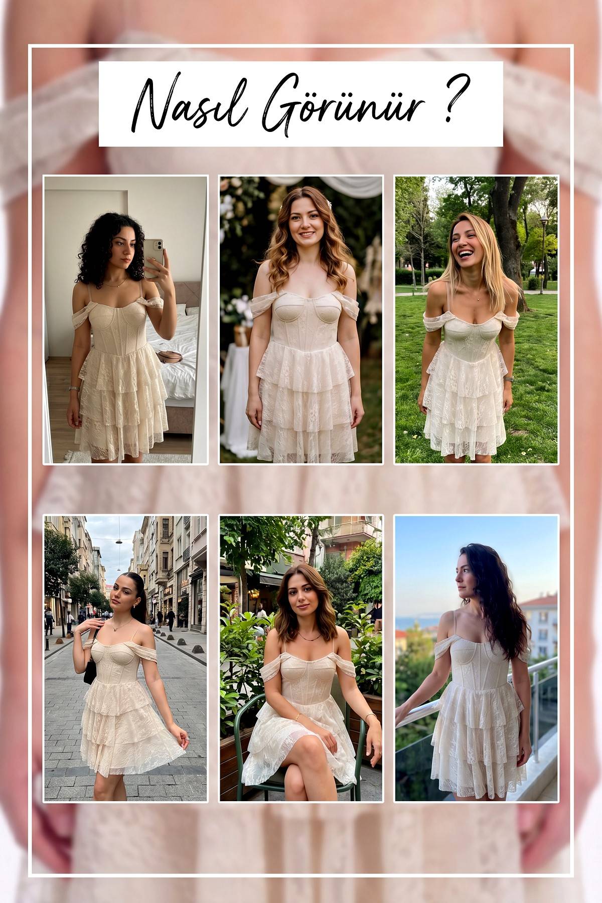 Ekru The ZKS mini abiye elbise, düşük omuzlu, dantel detaylı, katmanlı etekli, farklı mekanlarda giyim önerileri