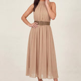 Bej Halter Yaka Kemerli Şifon Midi Elbise – Kolsuz