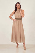 Bej Halter Yaka Kemerli Şifon Midi Elbise – Kolsuz