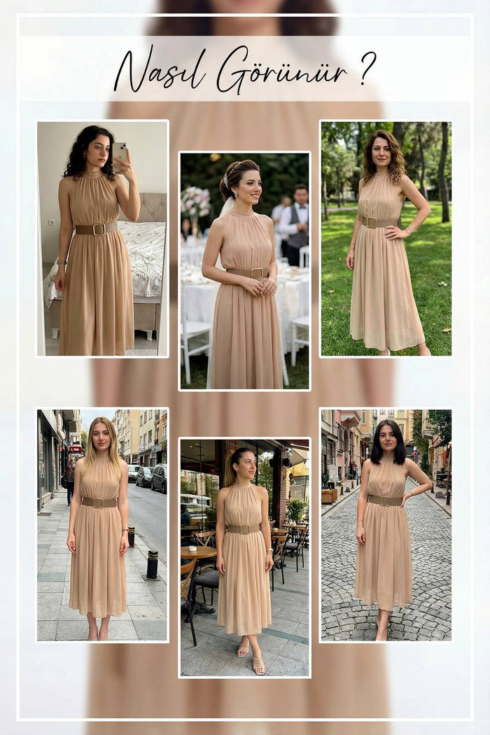 Bej Halter Yaka Kemerli Şifon Midi Elbise – Kolsuz