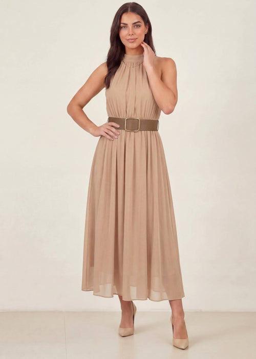 Bej Halter Yaka Kemerli Şifon Midi Elbise – Kolsuz