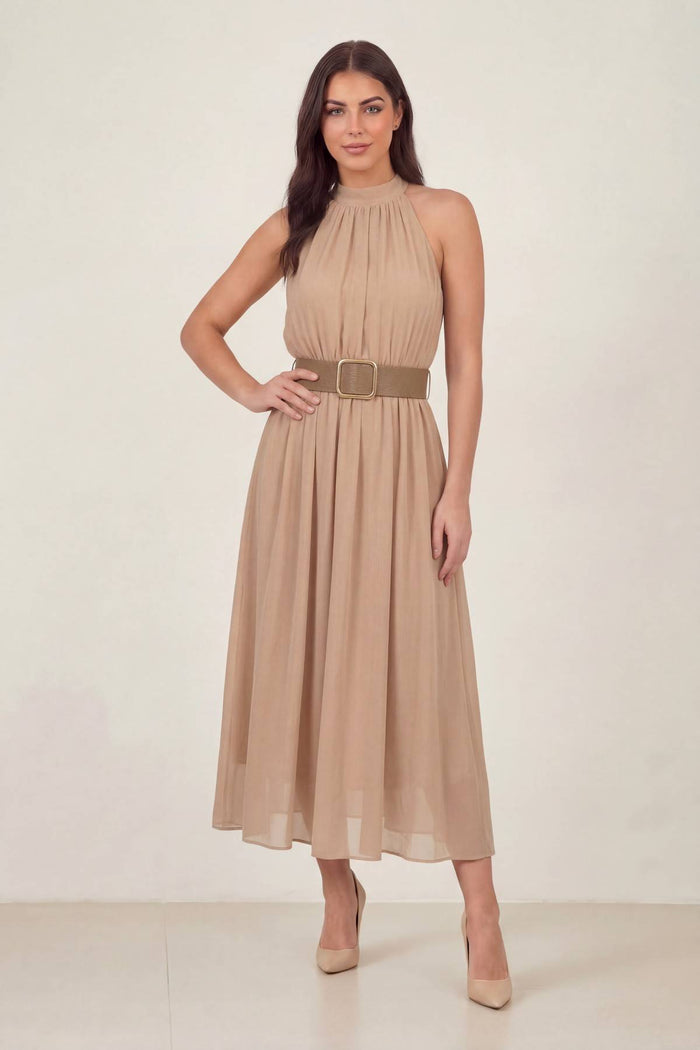 Bej Halter Yaka Kemerli Şifon Midi Elbise – Kolsuz