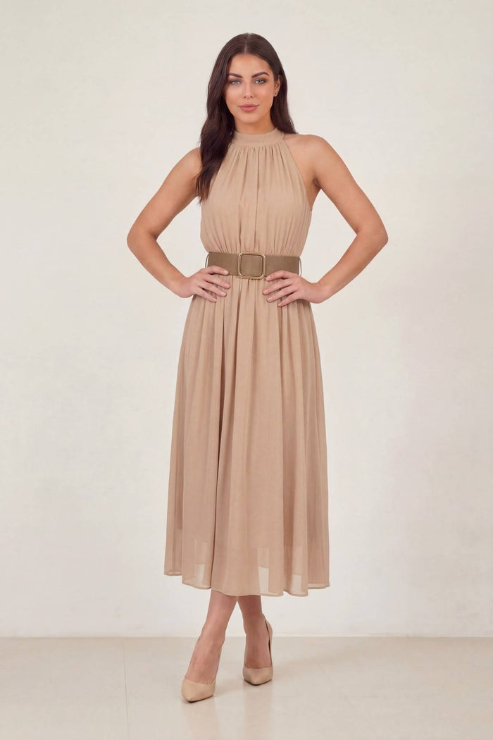 Bej Halter Yaka Kemerli Şifon Midi Elbise – Kolsuz