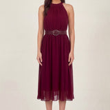 Bordo Halter Yaka Kemerli Şifon Midi Elbise