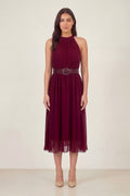 Bordo Halter Yaka Kemerli Şifon Midi Elbise