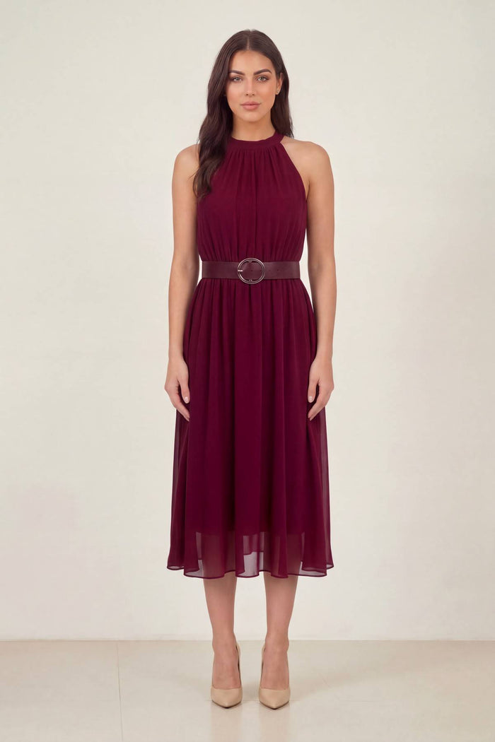 Bordo Halter Yaka Kemerli Şifon Midi Elbise