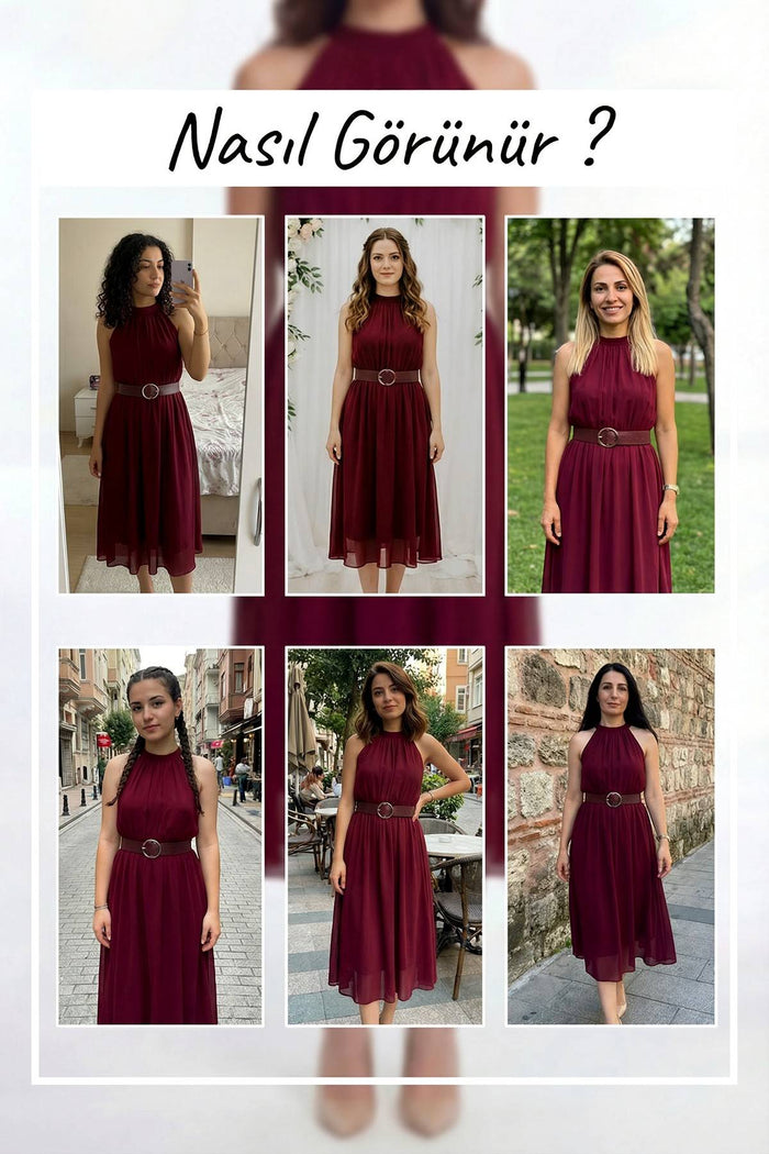 Bordo Halter Yaka Kemerli Şifon Midi Elbise