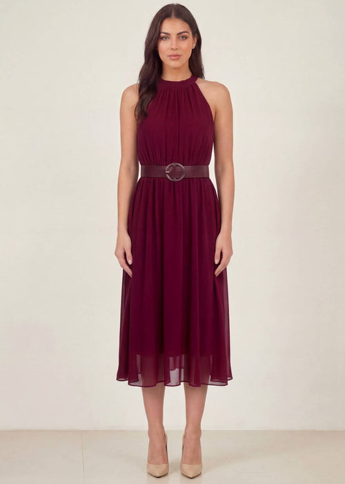 Bordo Halter Yaka Kemerli Şifon Midi Elbise