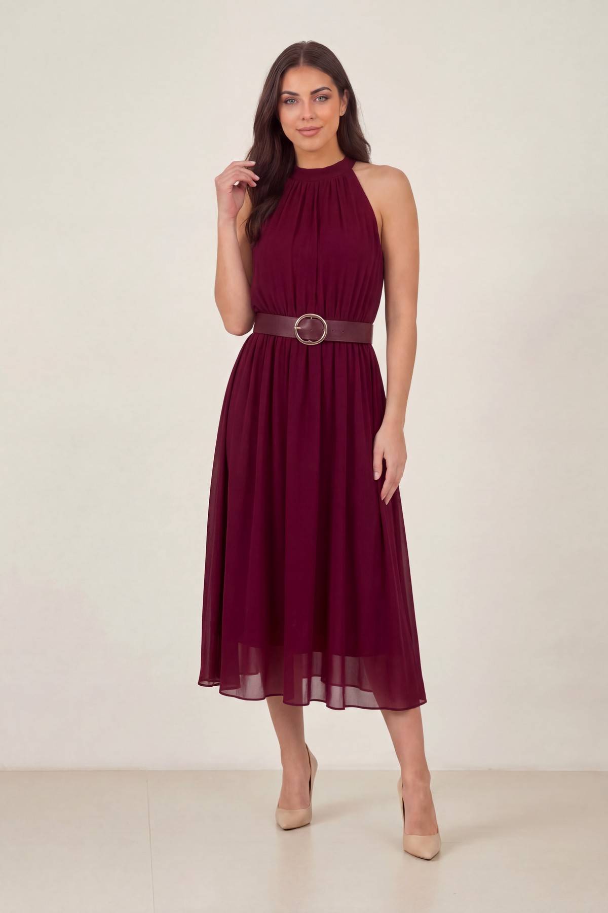 Önden şifon midi halter deri kemerli kadın elbise bordo 