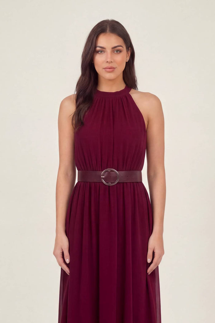 Bordo Halter Yaka Kemerli Şifon Midi Elbise