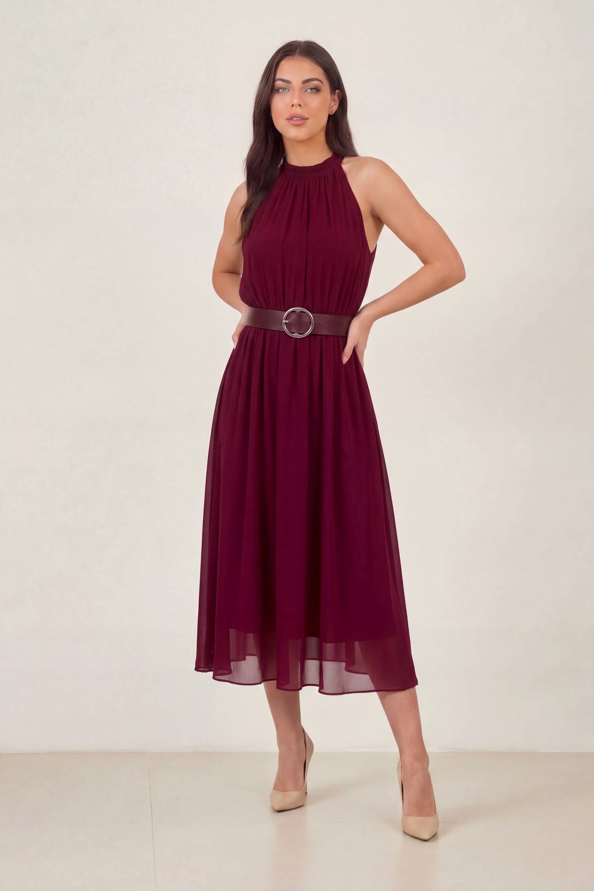 Midi boy halter yaka şifon bordo kemerli elbise günlük