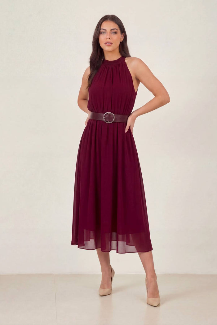 Bordo Halter Yaka Kemerli Şifon Midi Elbise