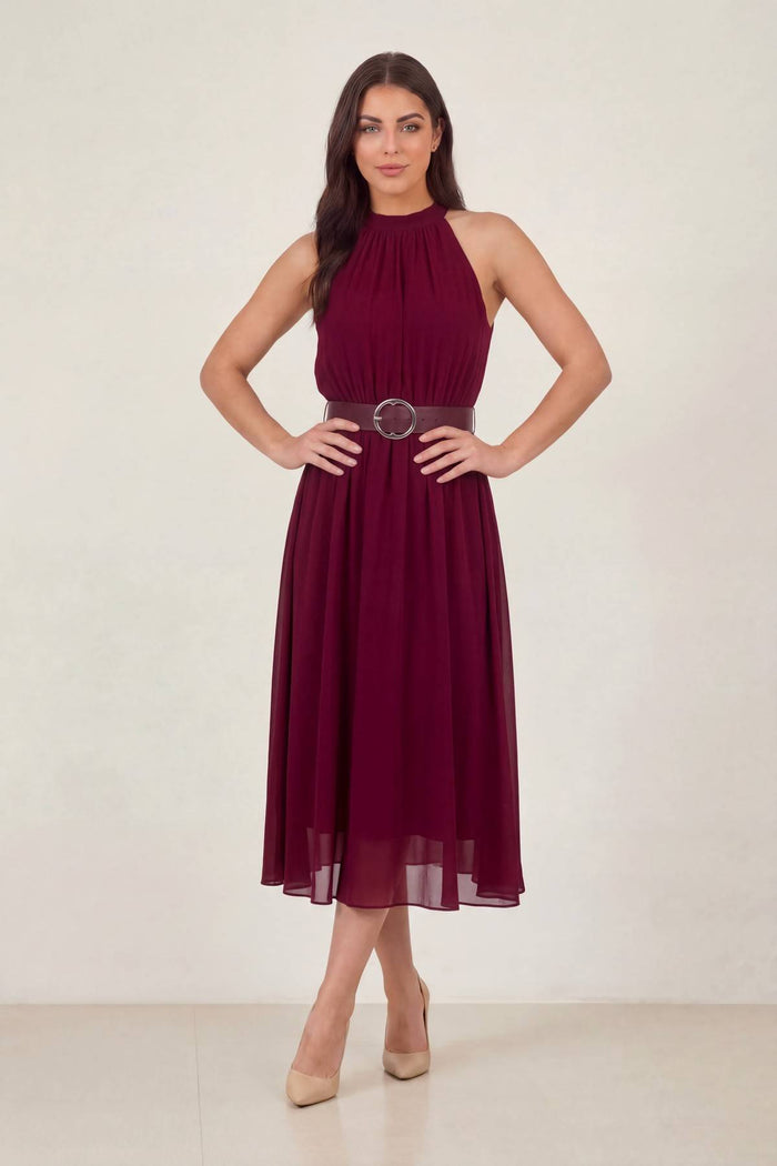 Bordo Halter Yaka Kemerli Şifon Midi Elbise