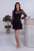 Kadın Siyah Dantel Detaylı Desenli Kısa Elbise