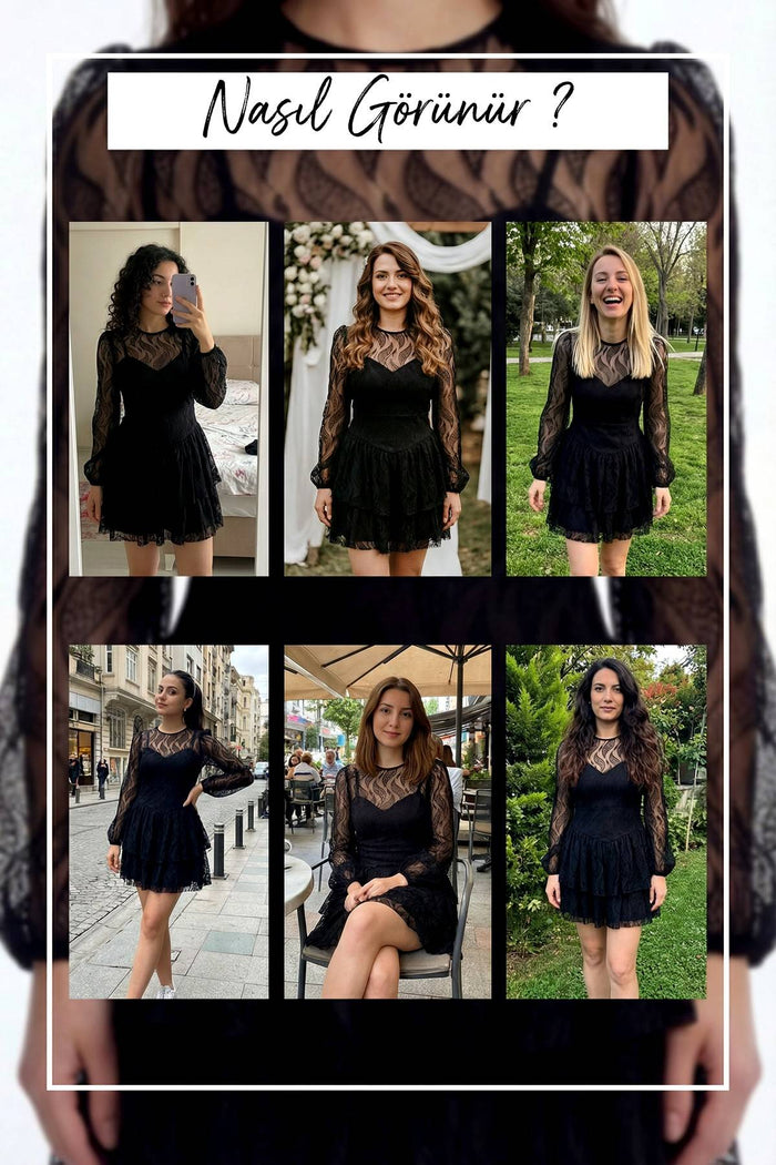 Siyah kadın dantel detaylı mini boy uzun kollu elbise deneme 