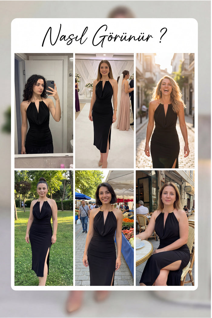 Siyah Gold Aksesuarlı Degaje Yaka Yırtmaçlı Midi Boy Elbise