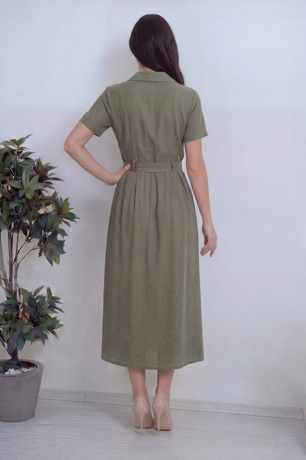 Arka detay midi kısa kol kuşaklı haki yeşili elbise 