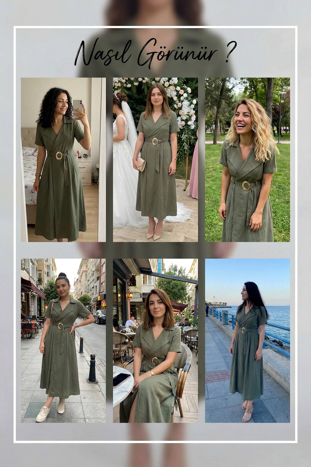 Günlük giyim için kadın haki midi boy kuşaklı elbise blazer yaka 