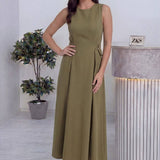 Haki Bisiklet Yaka Yan Kemerli Uzun Midi Elbise