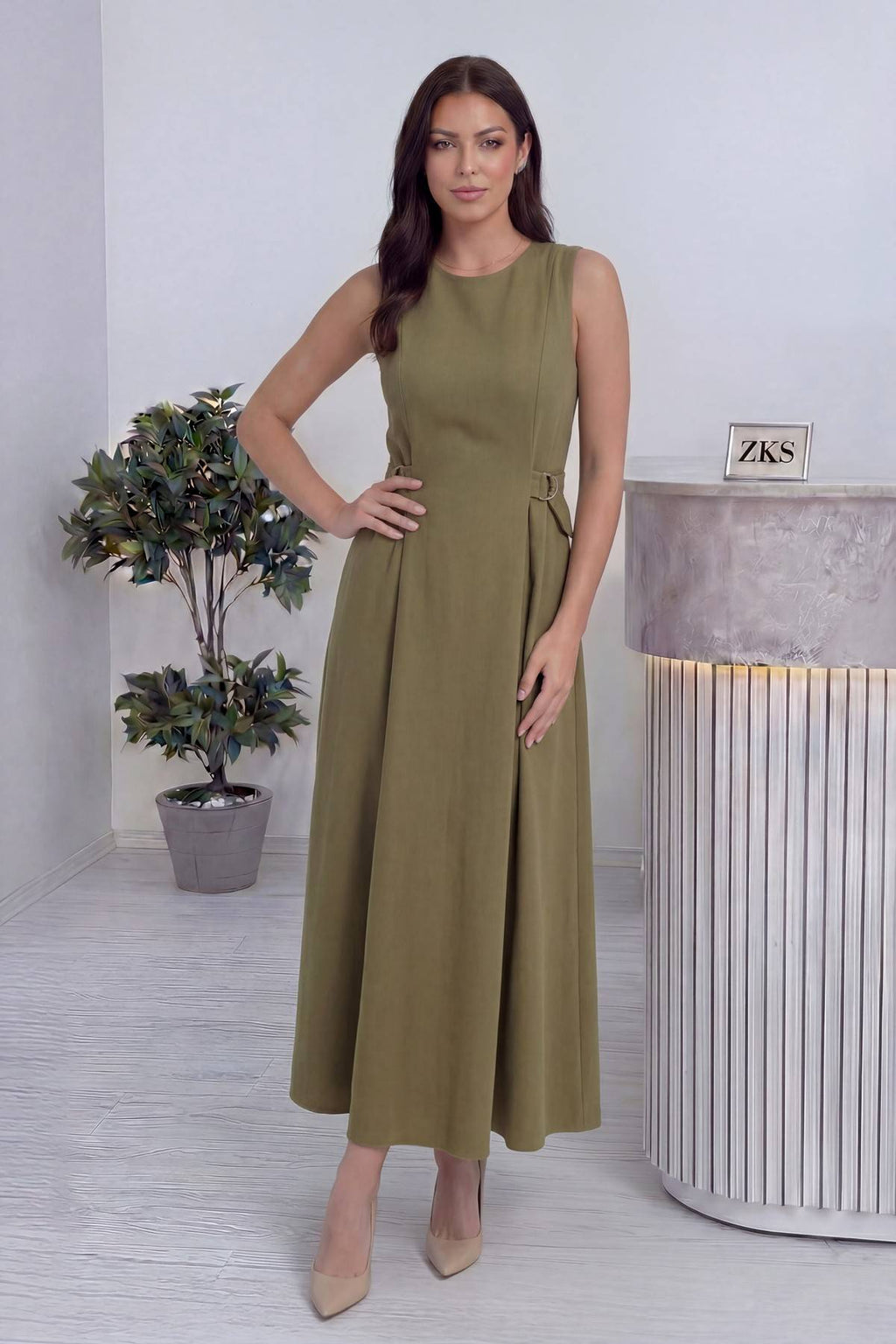 Haki Bisiklet Yaka Yan Kemerli Uzun Midi Elbise