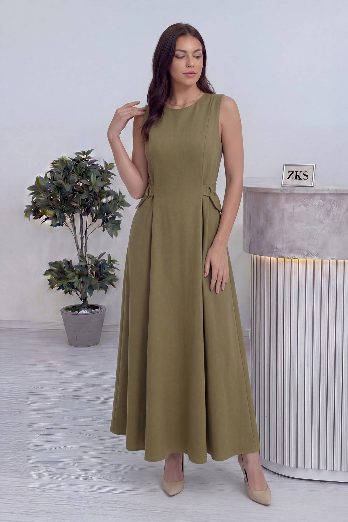 Haki Bisiklet Yaka Yan Kemerli Uzun Midi Elbise