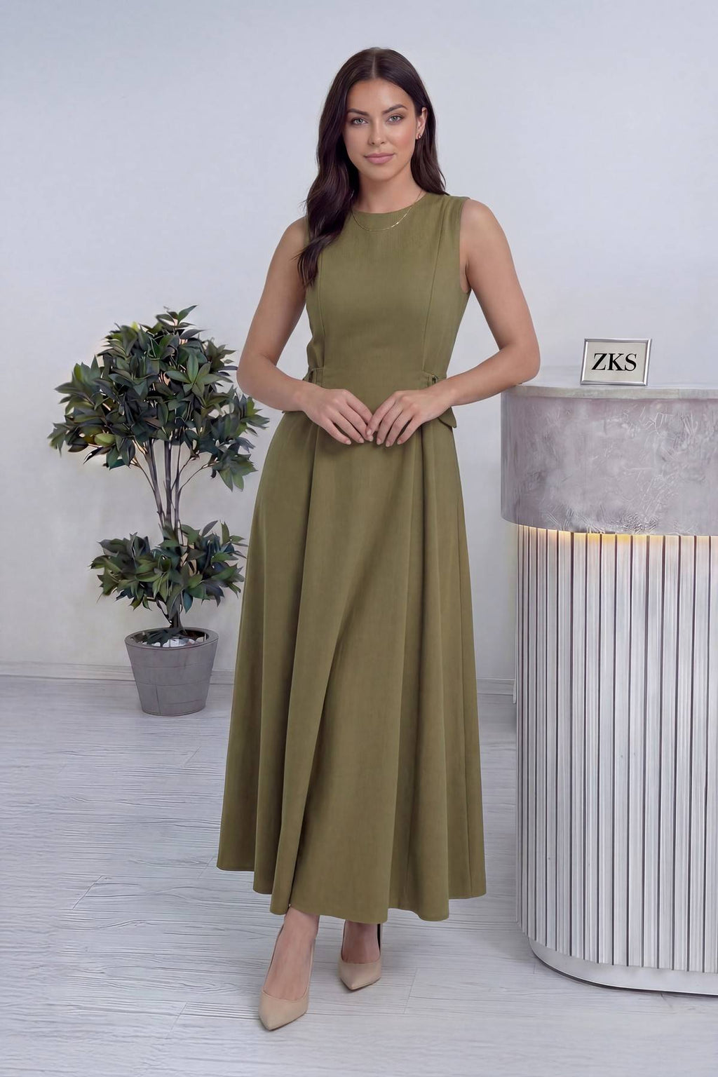 Haki Bisiklet Yaka Yan Kemerli Uzun Midi Elbise
