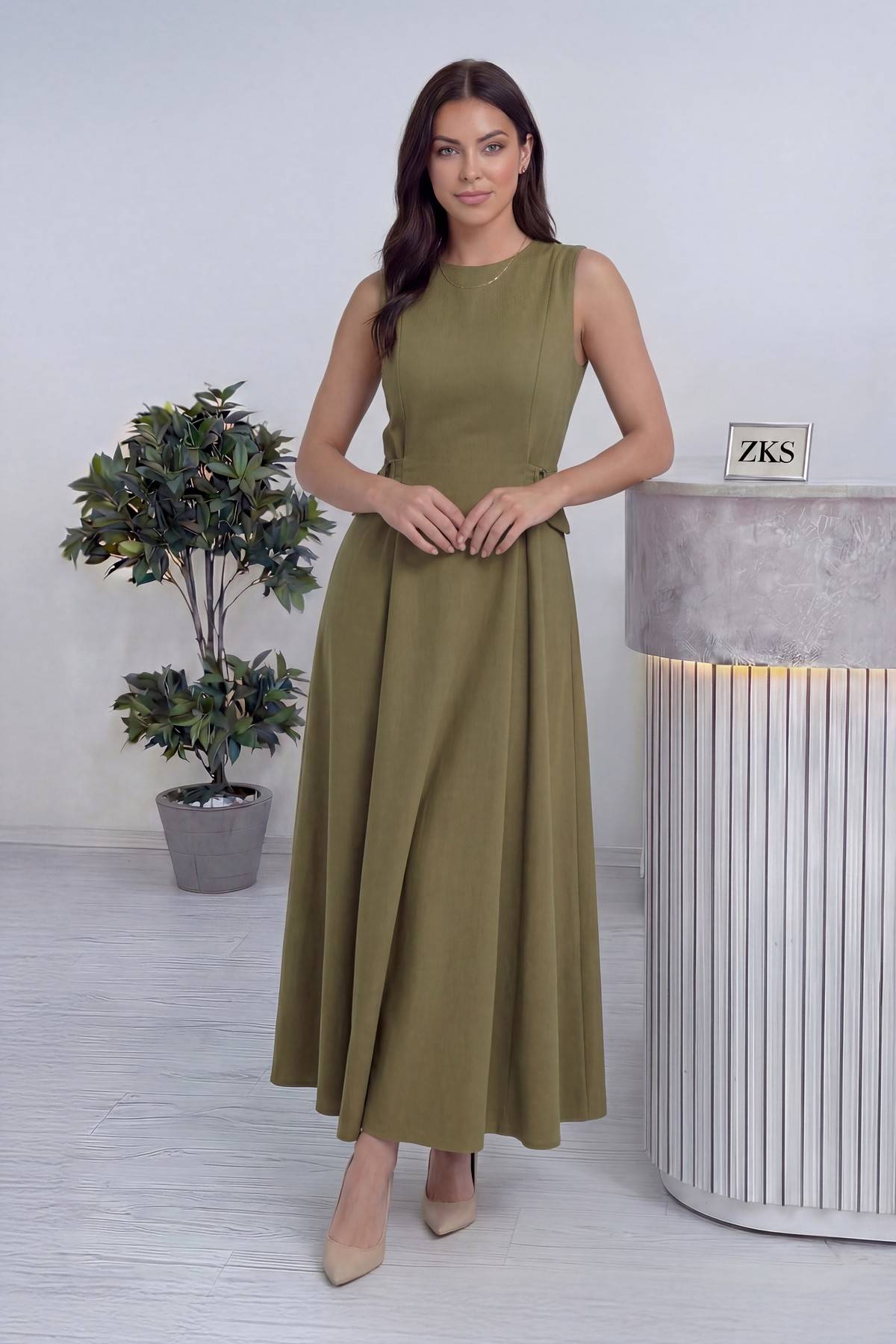 Haki Bisiklet Yaka Yan Kemerli Uzun Midi Elbise