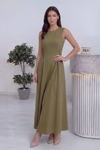 Haki Bisiklet Yaka Yan Kemerli Uzun Midi Elbise