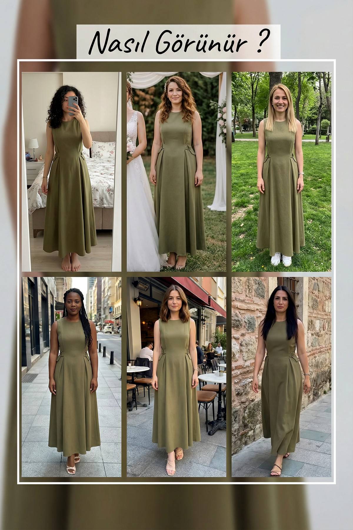 Haki Bisiklet Yaka Yan Kemerli Uzun Midi Elbise
