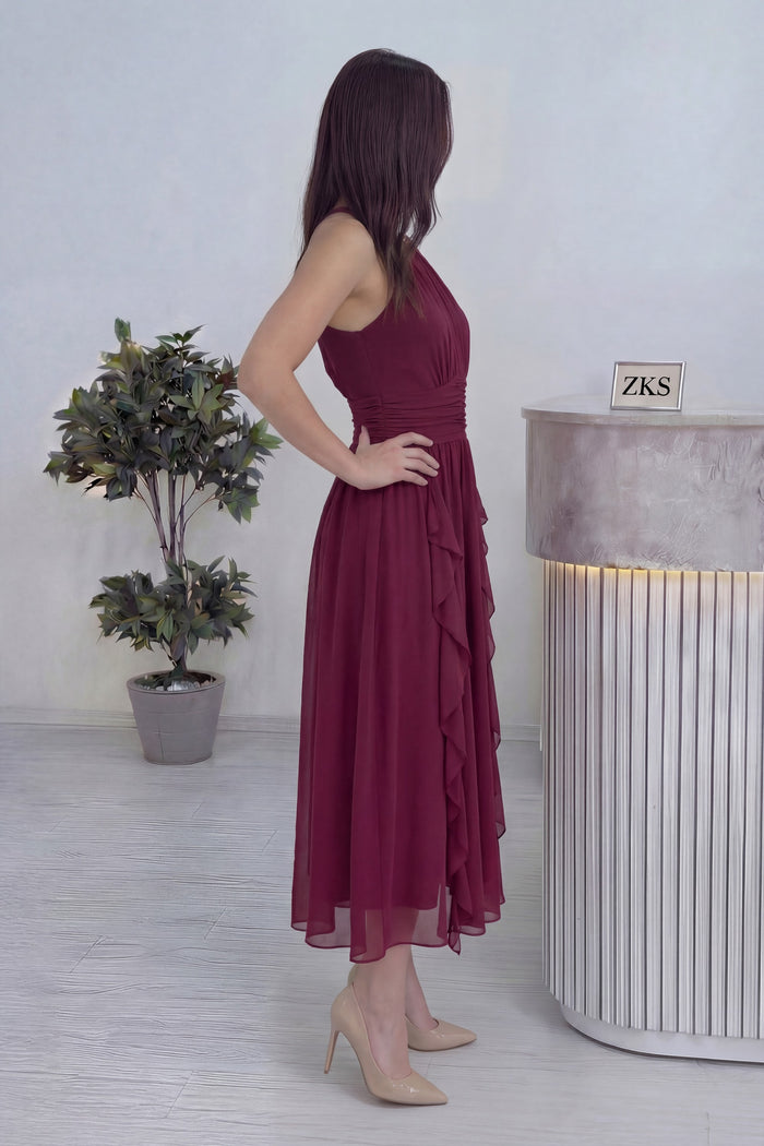 Boydan yan beli büzgülü eteği fırfır detaylı midi boy bordo elbise