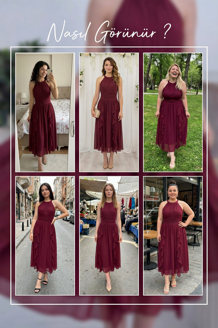 Şifon halter yaka fırfır detaylı midi boy bordo kadın özel gün için elbise denemeleri