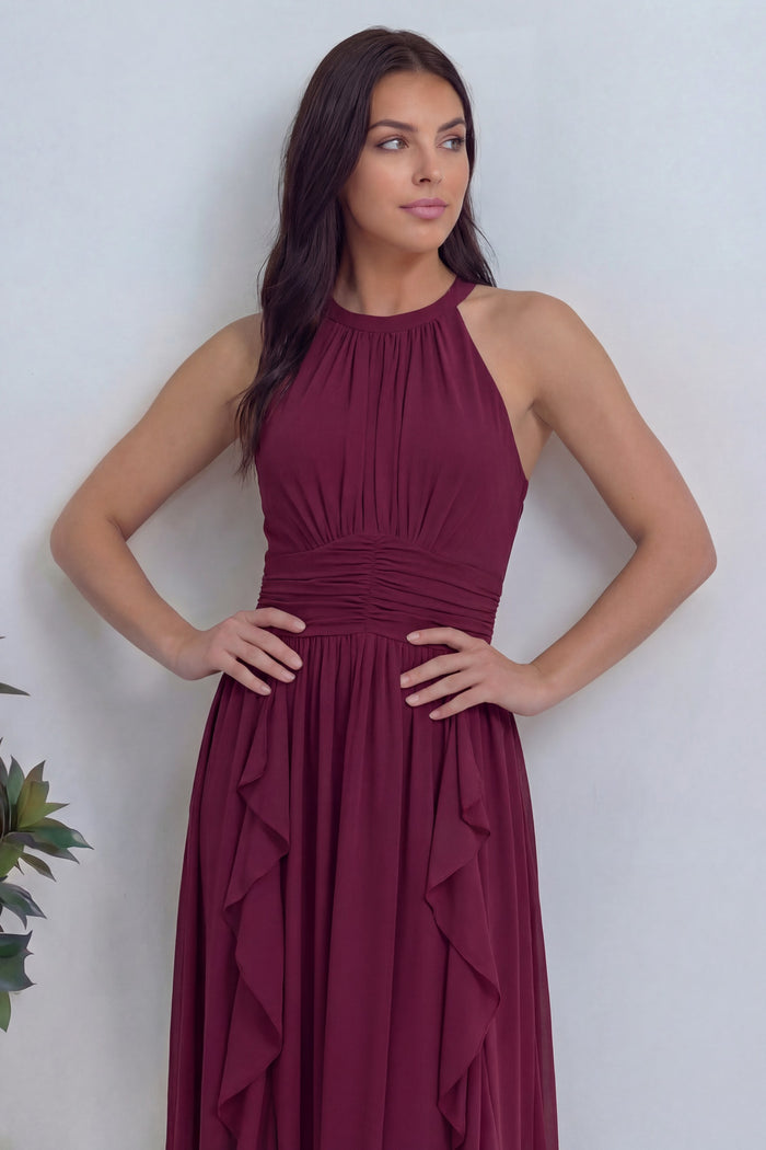 Bordo halter yaka eteği fırfırlı midi boy şifon elbise özel gün için