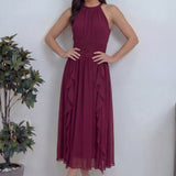 Bordo Halter Yaka Eteği Fırfırlı Midi Boy Şifon Elbise