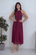 Bordo Halter Yaka Eteği Fırfırlı Midi Boy Şifon Elbise