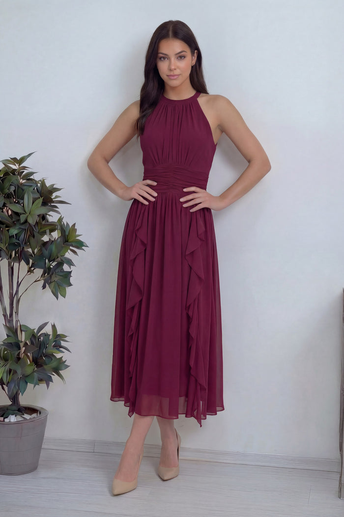 Kadın bordo şifon midi boy fırfırlı elbise halter yaka 
