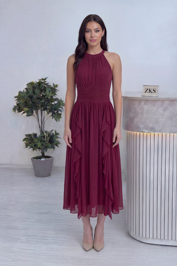 Halter yaka bordo büzgülü, fırfırlı midi kolsuz elbise boydan